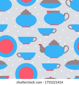 Blue tea set and sugar vector seamless pattern for decoration, wrapping paper, textile, backgrounds