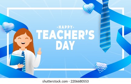 blue teacher's day greeting vector illustration with cloud, ribbon, balloon and book elements