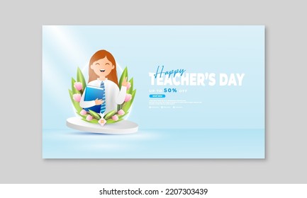 blue teacher's day greeting vector illustration with cloud, ribbon, balloon and book elements