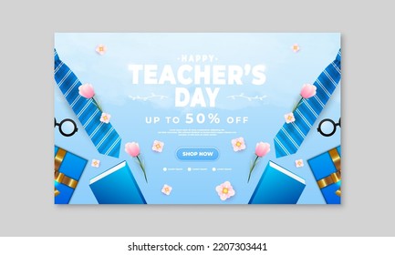 blue teacher's day greeting vector illustration with cloud, ribbon, balloon and book elements