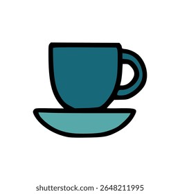 Blue Teacup with Matching Saucer in Simple Flat Hand-Drawn Style on White Background