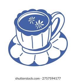 Taza de té azul en platillo con margaritas flotantes dentro, estilo dibujado a mano