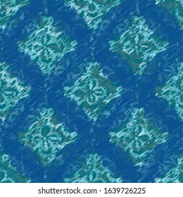 blue and teal abstract textured geometric pattern with floral motifs inside