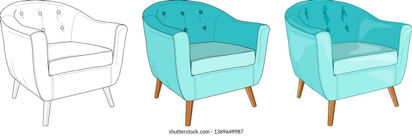 Blue teal armchair three different ways vector illustration. Coloring paper, page, book