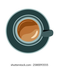 Blue teal ceramic coffee cup with saucer filled with americano or espresso top view. Flat colorful vector illustration isolated on transparent background