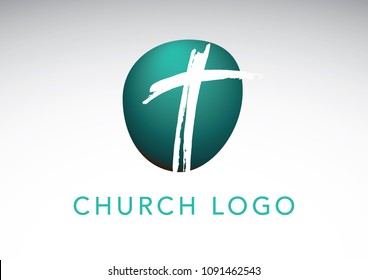 Blue and teal Christian cross church logo. Christianity symbol of Jesus Christ. Natural brush strokes with rough edges. Silhouette outline of cross.