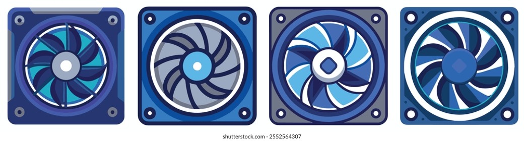 Ventilador de resfriamento do computador azul e azul-azulado na caixa quadrada com montagem dourada 6 set vetor