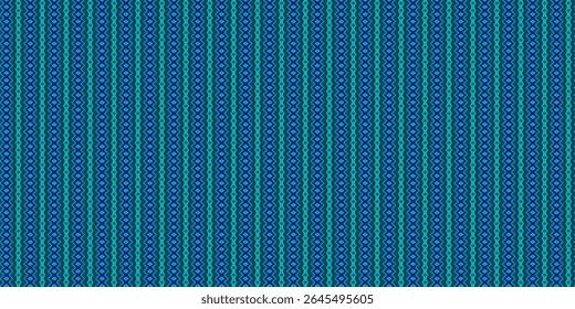 Blue and teal geometric textile pattern with diamond shapes and wavy stripes. Ideal for ethnic fabric designs, traditional crafts, or seamless textile backgrounds.