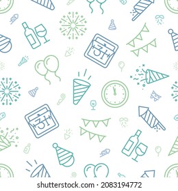 Blue, teal, and green outline icons of new year related things with smaller icons in between