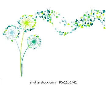 Blue teal green vector dandelion herbs, meadow flowers illustration. Floral romantic background with dandelion blowing plant. Flowers with heart shaped feather flying. Meadow blossom.