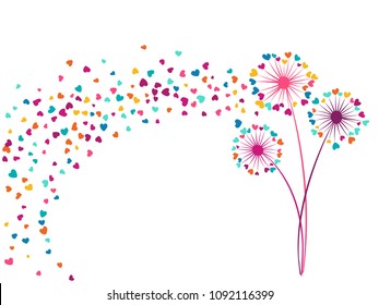 Blue teal green vector dandelion herbs, meadow flowers illustration. Floral airy background with dandelion blowing plant. Flowers with heart shaped feather flying. Meadow blossom on white.