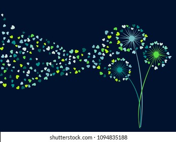 Blue teal green vector dandelion herbs, meadow flowers illustration. Floral tender background with dandelion blowing plant. Flowers with heart shaped feather flying. Love symbols design on dark blue.
