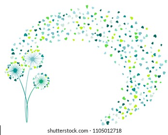 Blue teal green vector dandelion herbs, meadow flowers illustration. Floral cute background design with dandelion blowing plant. Flowers with heart shaped feather flying. Meadow blossom.