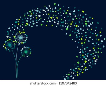Blue teal green vector dandelion herbs, meadow flowers illustration. Floral tender background with dandelion blowing plant. Flowers with heart shaped feather flying. Abstract flying heart petals.