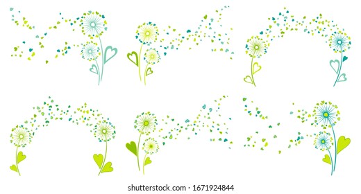 Blue teal green vector dandelion herbs, meadow flowers illustration. Floral romantic background with dandelion blowing plant. Flowers with heart shaped feather flying. Meadow blossom.