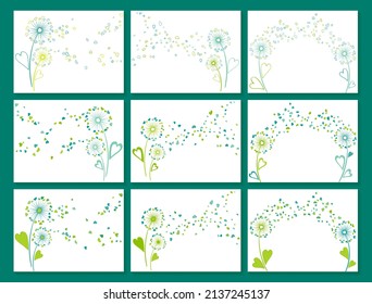 Blue Teal Green Vector Dandelion Herbs, Meadow Flowers Illustration Set. Floral Romantic Background With Dandelion Blowing Plant. Flowers With Heart Shaped Feather Flying. Meadow Blossom.