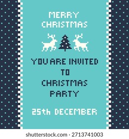 Blue and Teal Pixel Art Merry Christmas Party Invitation with Reindeer and Snow Pattern Vector Illustration