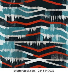 Blauw, groenblauw en rood met zwarte lijnen en chevron vormen. grunge lijnen ikat patroon, ikat naadloos patroon, Vector illustratie achtergrond voor het afdrukken van het papier.