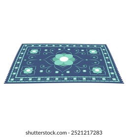 Blue and teal rug with intricate floral and geometric patterns and multiple symmetrical shapes. Ideal for home decor, cultural themes, interior design, traditional aesthetic, and ornamental accents