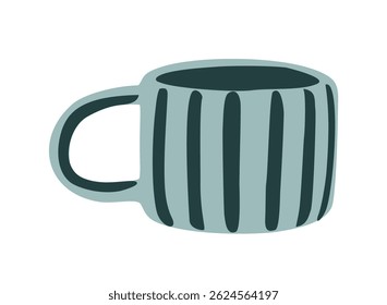 Blue and teal striped mug. Hand made ceramic coffee, tea cup. Colorful flat vector illustration isolated on white background
