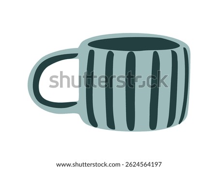 Blue and teal striped mug. Hand made ceramic coffee, tea cup. Colorful flat vector illustration isolated on white background
