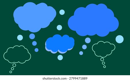 Blue and teal thought bubbles and speech balloons float across a dark green background, evoking ideas, brainstorming, conversation, inner thoughts, creativity and abstract communication for design or presentation use.