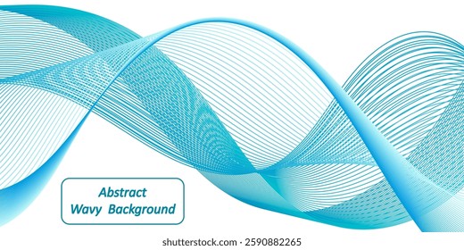Blue and teal wavy swirl background. Smooth sea turquoise color flow. Abstract air wind wave,  dynamic twisted line, transparent veil. Border for web banner design. Vector illustration