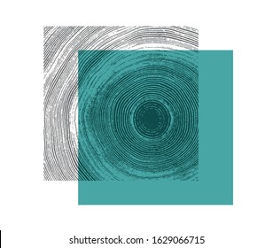 Blue teal wood texture block stamp. Detailed tree ring design. Rough organic tree rings with close up of end grain.