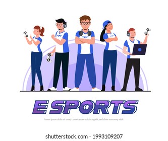 Blue team of e-sports athlete competition ready for fight in Esports competition. They want wins, trophies and trophies. Vector flat illustration.