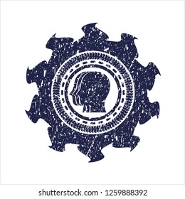 Blue team work icon inside distressed rubber grunge seal