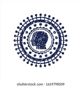 Blue team work icon inside distress rubber stamp