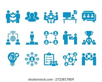 Blue Teamwork and Human Resources Icon Set Featuring Business Collaboration, Meeting, Leadership Success, Social Networking, Team Building, and Partnership Symbols Isolated on White.
