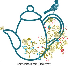 blue teapot with bird