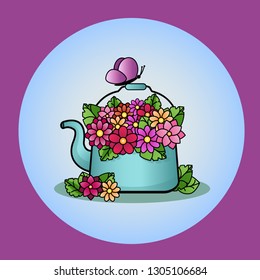 Blue teapot with a bouquet of colorful flowers with leaves and a butterfly on a wooden handle. Vector illustration.