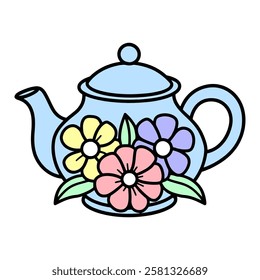 Blue Teapot with Colorful Flowers Illustration