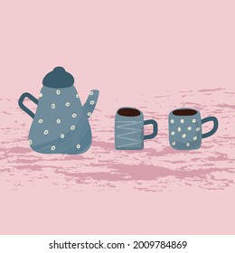 Blue Teapot with blue cups. Flat vector illustration in cartoon style on a pink background. Decorative design elements. Time to drink tea and coffee 