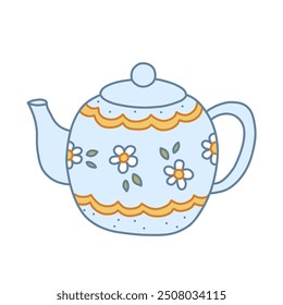 Blue Teapot With Cute Floral Pattern. Doodle Sticker Icon