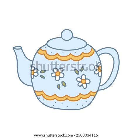 Blue Teapot With Cute Floral Pattern. Doodle Sticker Icon