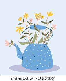 Blue teapot in a dot with wild yellow flowers.Cute teapot with bouquet of flowers. Spring flowers.Perfect for greetings, cards, posters, congratulations, tea shop or store.