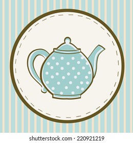 Blue teapot with dots on colored striped background