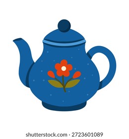 Tetera azul con estampado floral. Para menús de cafetería, marca de té, decoración de la cocina, pegatinas, carteles, Anuncios de Web.