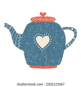A blue teapot isolated on a white background. Tea time. Hand drawn flat vector illustration