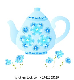 Tetera azul con un patrón de hermosas flores sobre un fondo blanco. Ilustración del vector