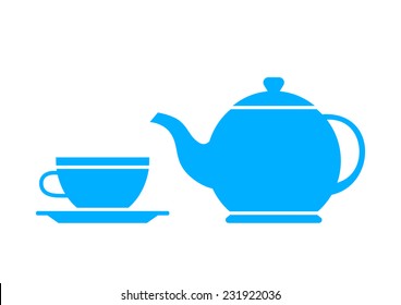 Blue teapot and teacup on white background