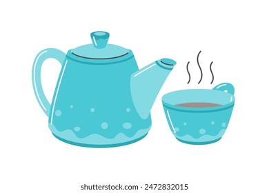 Blue Teapot and Teacup Vector Illustration