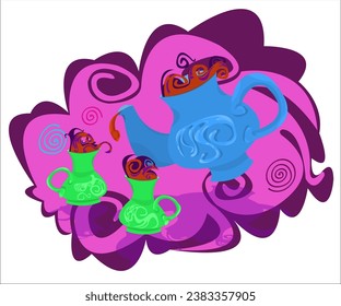 A blue teapot, that pours hot tea into green cute cups; vintage, romantic background. This cartoon illustration can be used as a logotype for cafes, cafeterias, bars, tea shops. Vector, isolated.