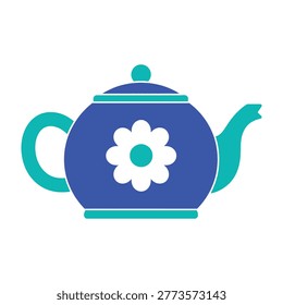 A blue teapot with a white flower design on a plain background, perfect for food and drink or home decor concepts, evoking a sense of warmth and coziness