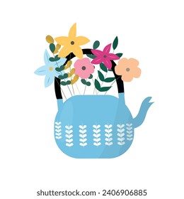 Blue teapot with wild flowers.Cute teapot with bouquet of flowers. Spring flowers. Vector illustration, cartoon, flat style. 