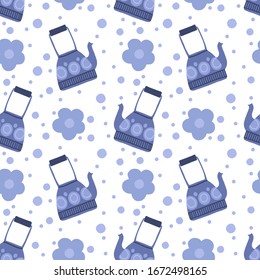Blue teapots and flowers seamless pattern. Vector illustration