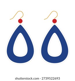 Blue teardrop earrings with red bead accents and golden hooks elegantly displayed on a white background